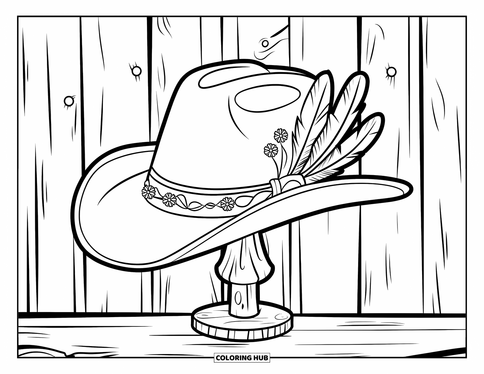 Hat Coloring Page for Adults: Cowboy hat with feathers and floral filigree on a wooden stand