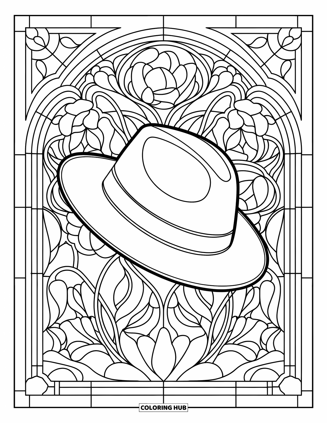 Hat Coloring Page for Adults: Fedora on the ground with elegant stained glass floral backdrop