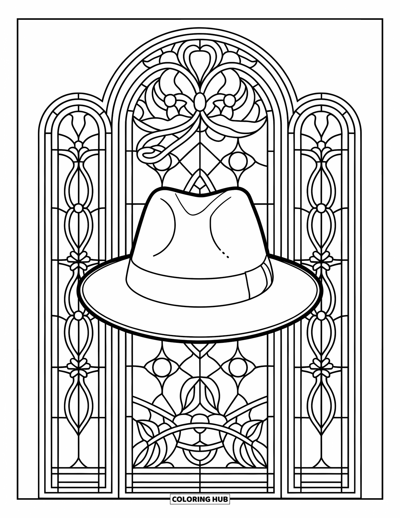 Hat Coloring Page for Adults: Fedora with curved floral stained glass framed in a white-walled scene