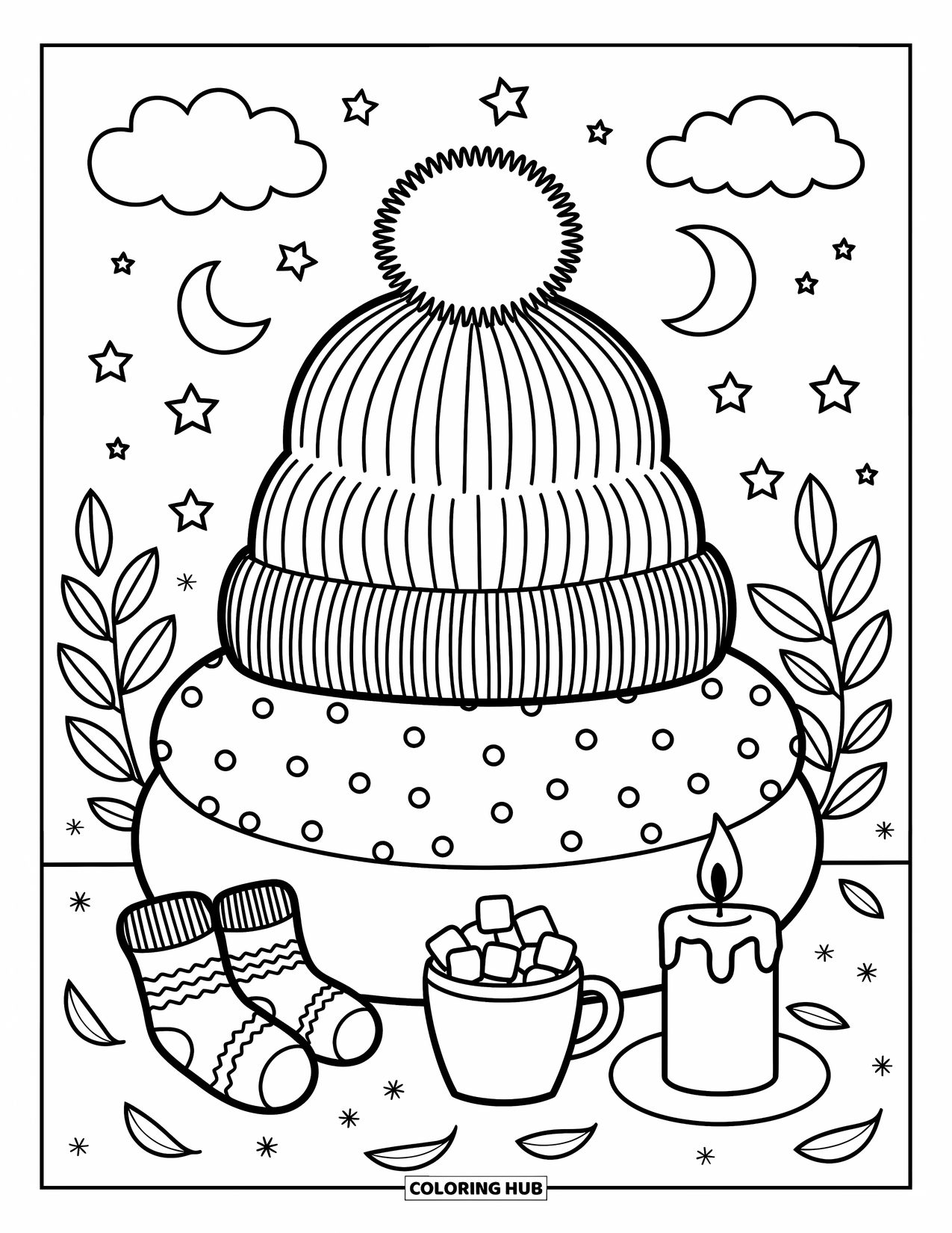 Hat Coloring Page for Adults: Fluffy beanie on a cushion with hot cocoa, socks, and a candle