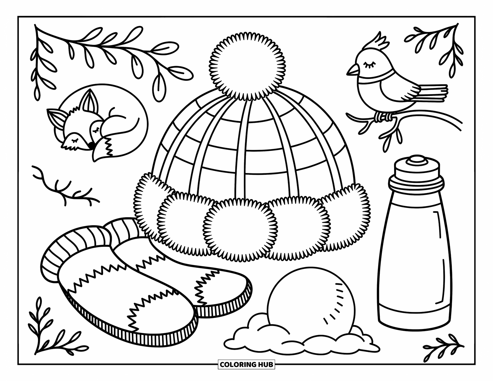 Hat Coloring Page for Adults: Fuzzy trapper hat with mittens, snowball, thermos, and forest critters