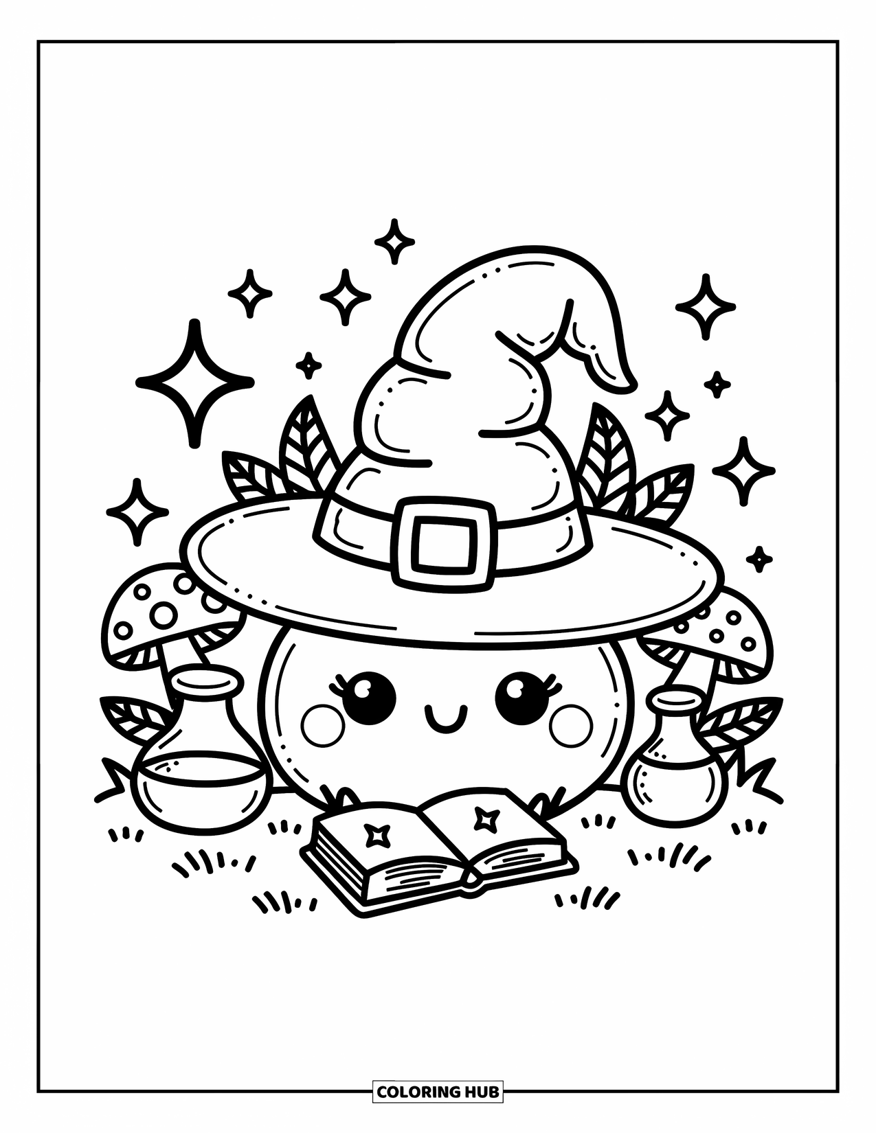 Hat Coloring Page for Adults: Kawaii witch hat with potions, stars, and a little spellbook