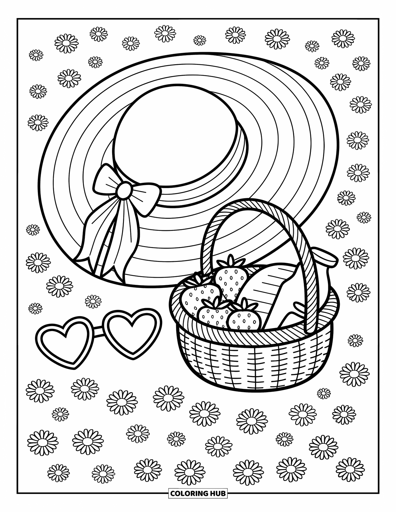 Hat Coloring Page for Adults: Peaceful meadow picnic with a sunhat, basket, and heart sunglasses