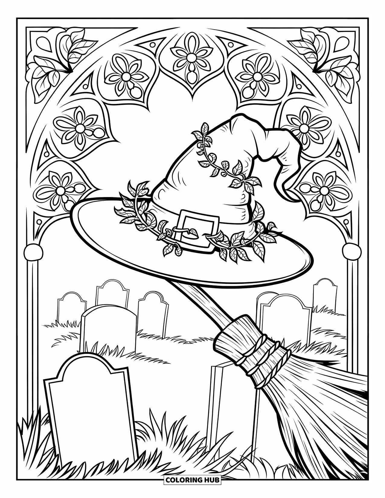 Hat Coloring Page for Adults: Witch hat on a broomstick with tombstones and gothic details
