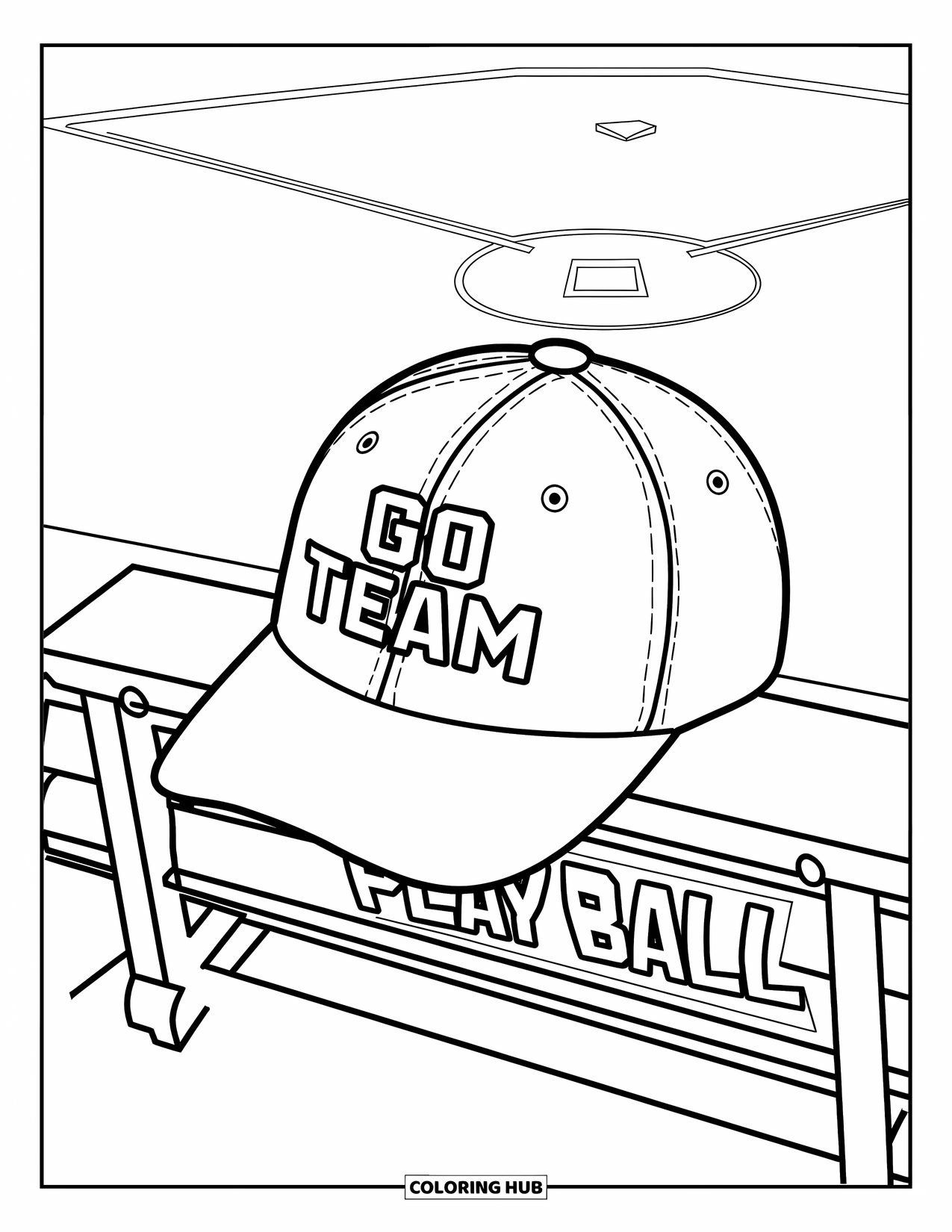 Hat Coloring Page for Kids: Baseball cap that says "GO TEAM" on a bench