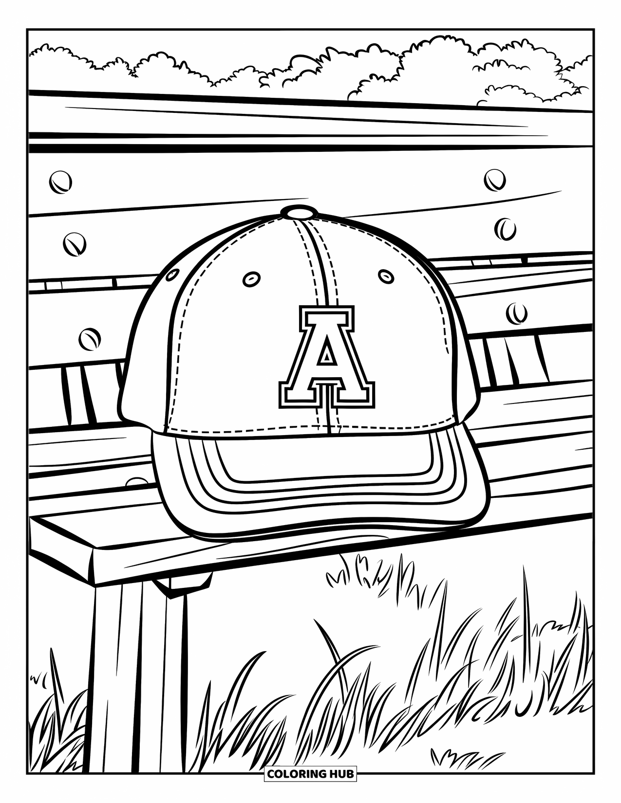 Hat Coloring Page for Kids: Baseball cap with an "A" on a wooden sports bench