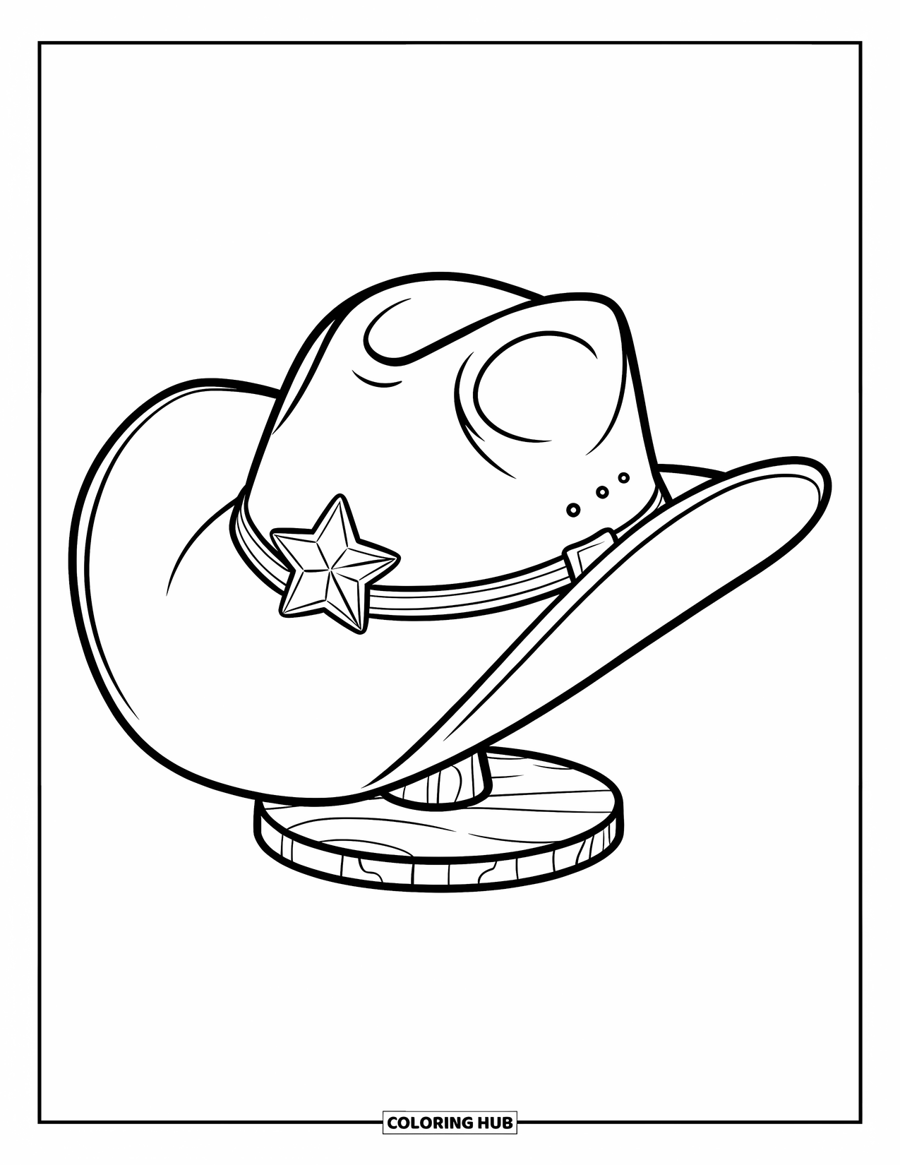 Hat Coloring Page for Kids: Big cowboy hat with a shiny star badge on a wooden stand