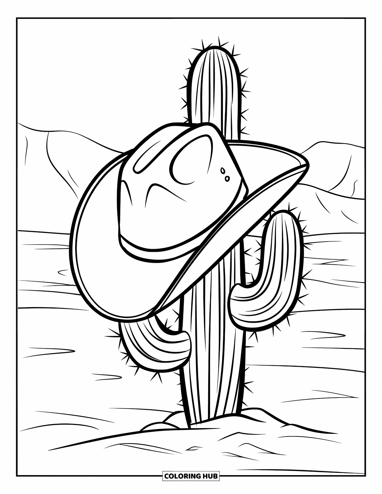 Hat Coloring Page for Kids: Bold cowboy hat on a spiky cactus with distant mountains