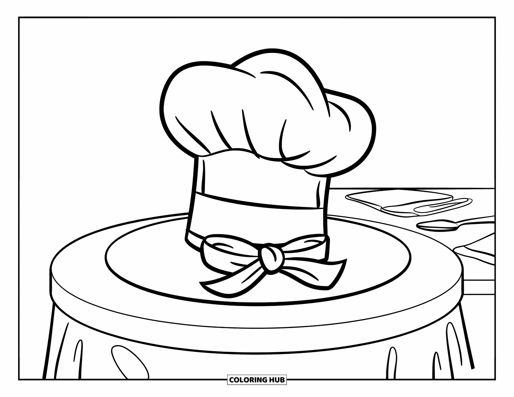 Hat Coloring Page for Kids: Chef's hat with a ribbon resting near utensils on a table