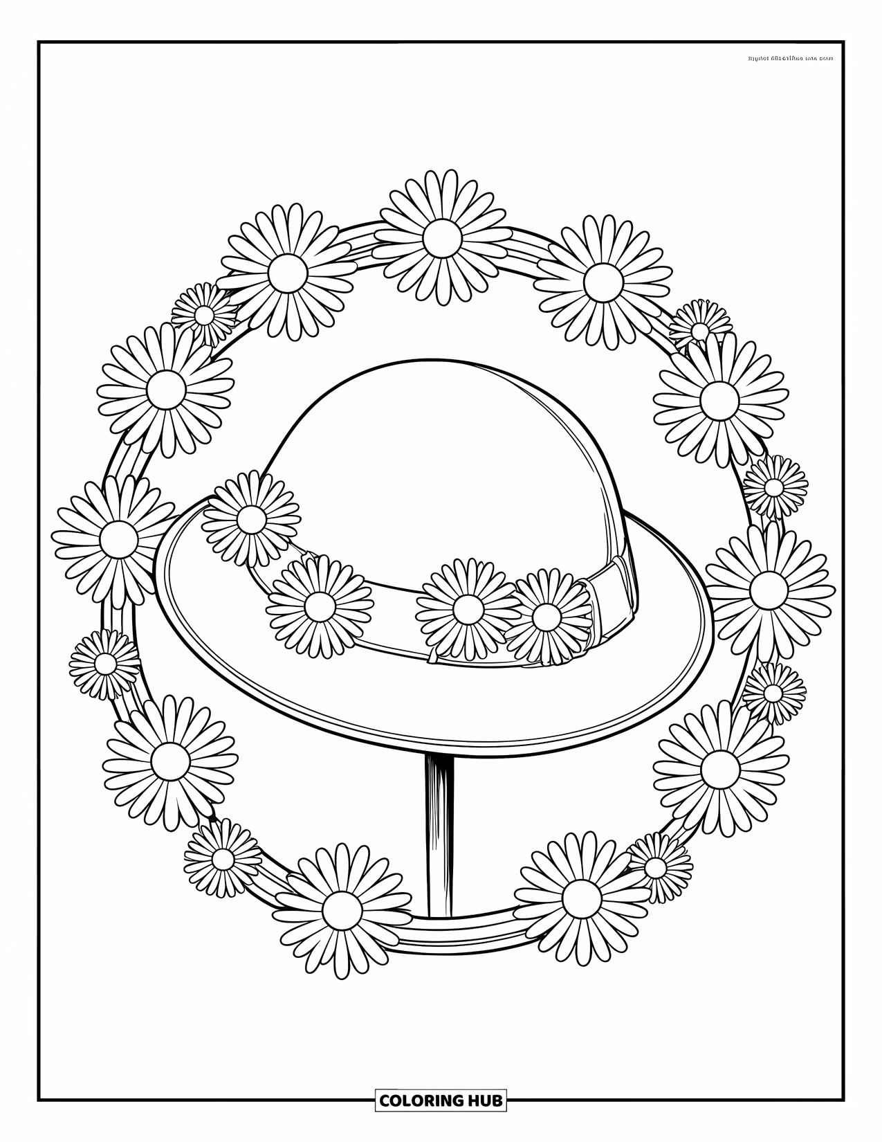 Hat Coloring Page for Kids: Cloche hat on a stick with daisies all around