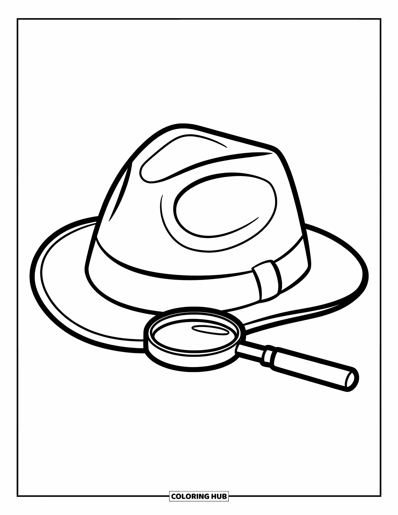 Hat Coloring Page for Kids: Detective fedora placed next to a magnifying glass