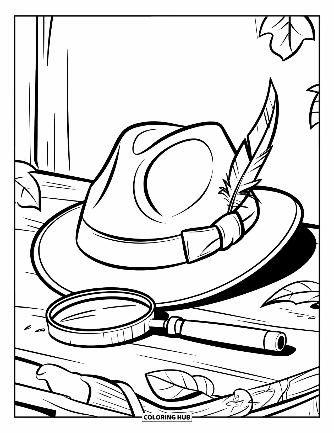 Hat Coloring Page for Kids: Detective fedora with a feather, pipe, and leaves nearby