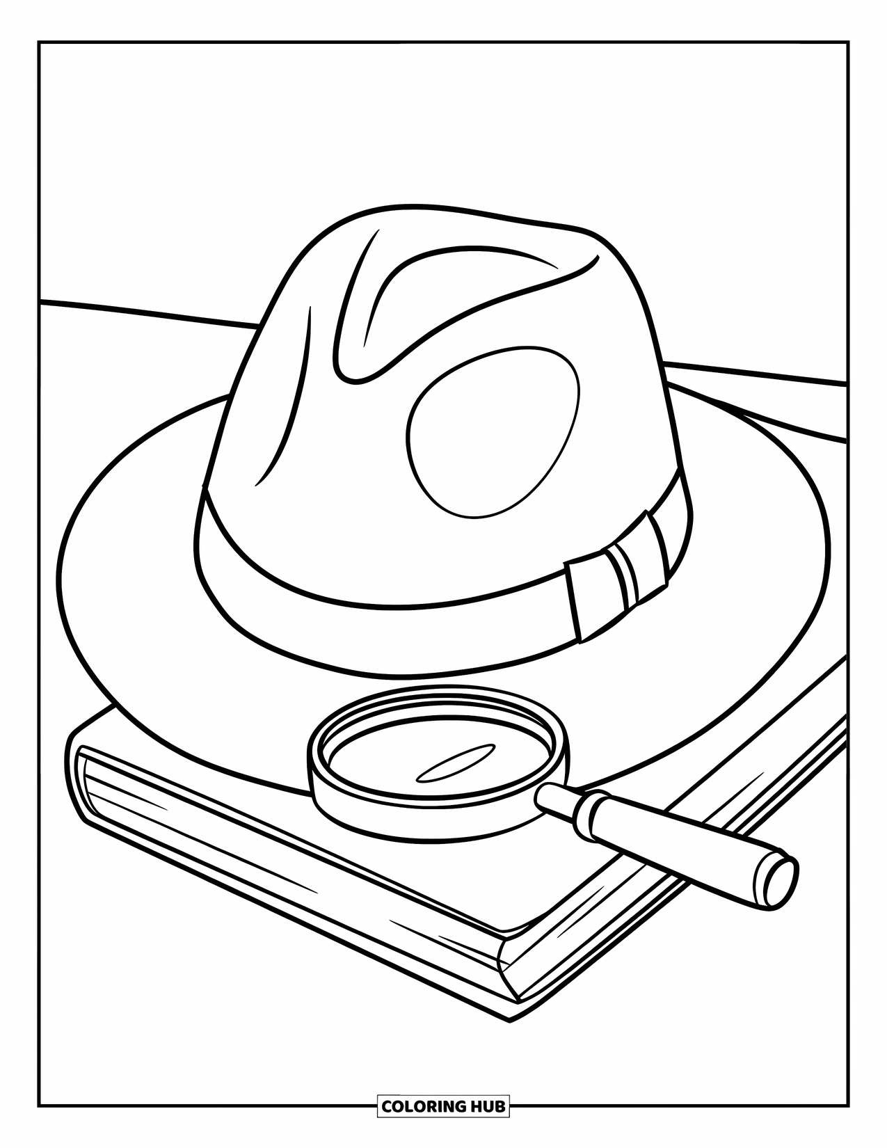 Hat Coloring Page for Kids: Fedora and magnifying glass resting on a book