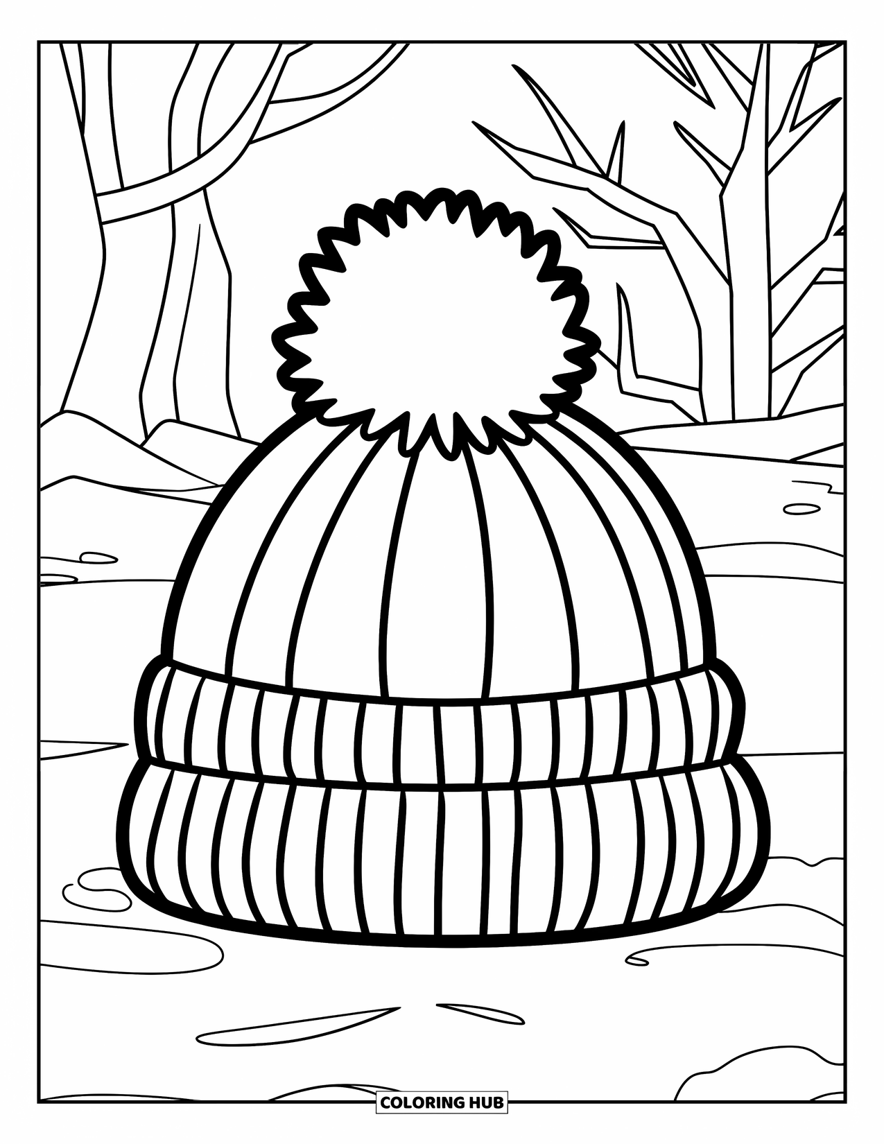Hat Coloring Page for Kids: Fluffy beanie resting on snow with bare winter trees nearby