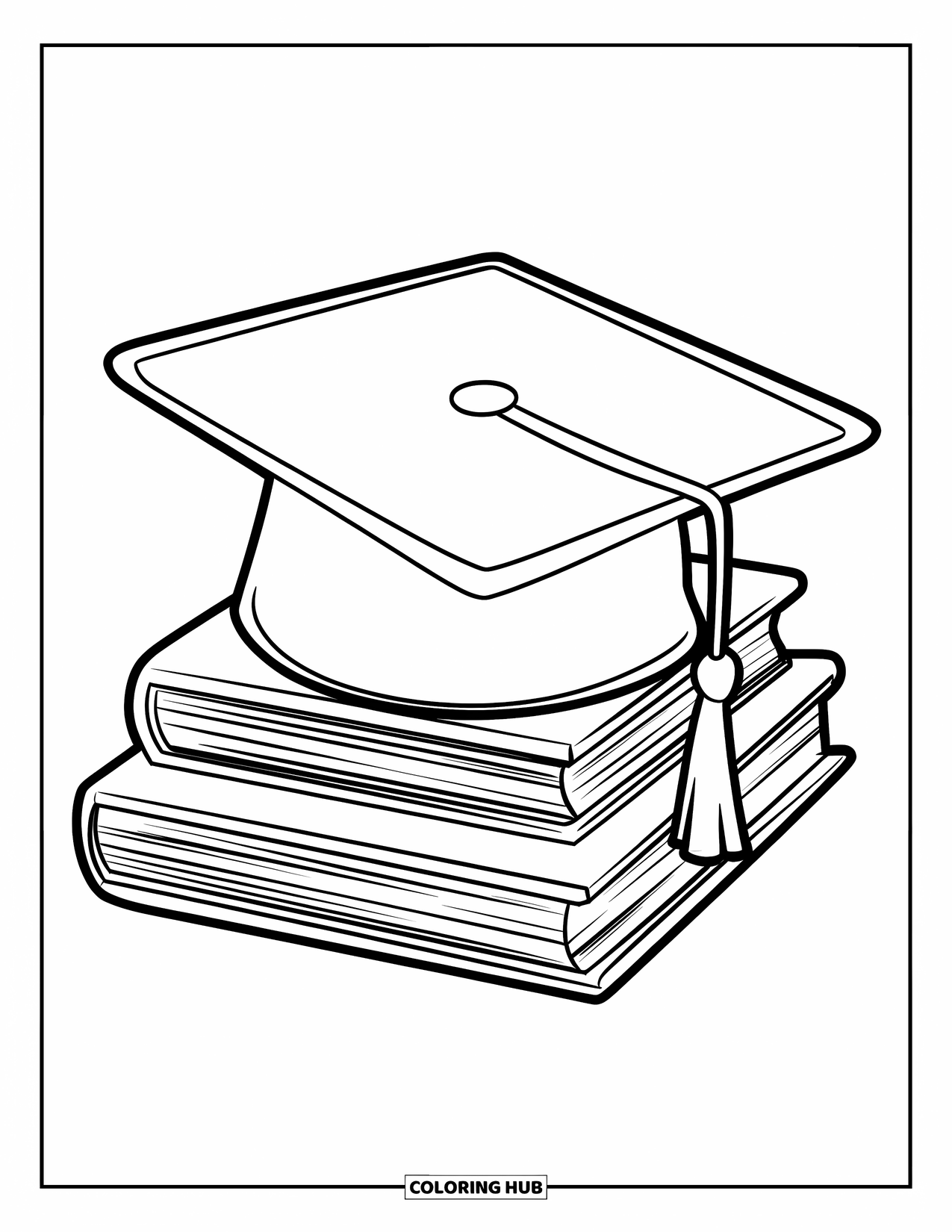 Hat Coloring Page for Kids: Graduation cap on top of a neat book stack