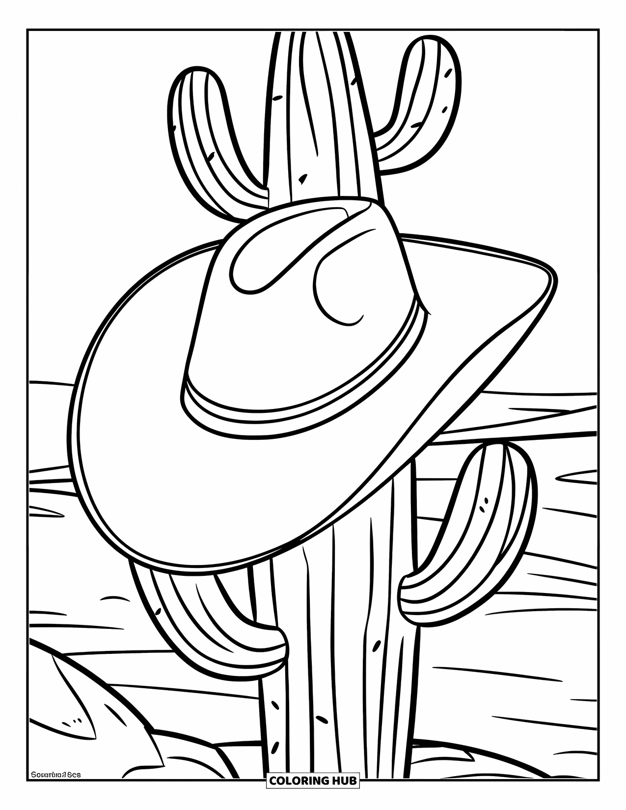 Hat Coloring Page for Kids: Large cowboy hat resting on a cactus in the open desert