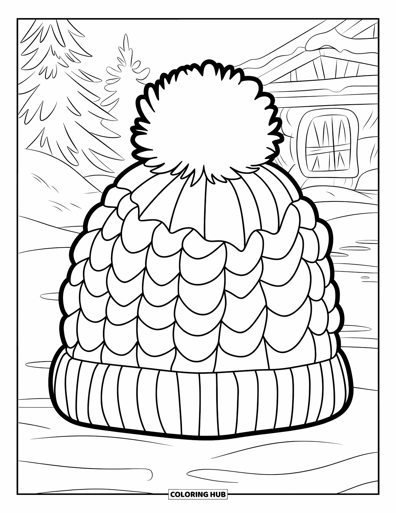 Hat Coloring Page for Kids: Pom-pom beanie on snowy ground near pine trees and a cabin
