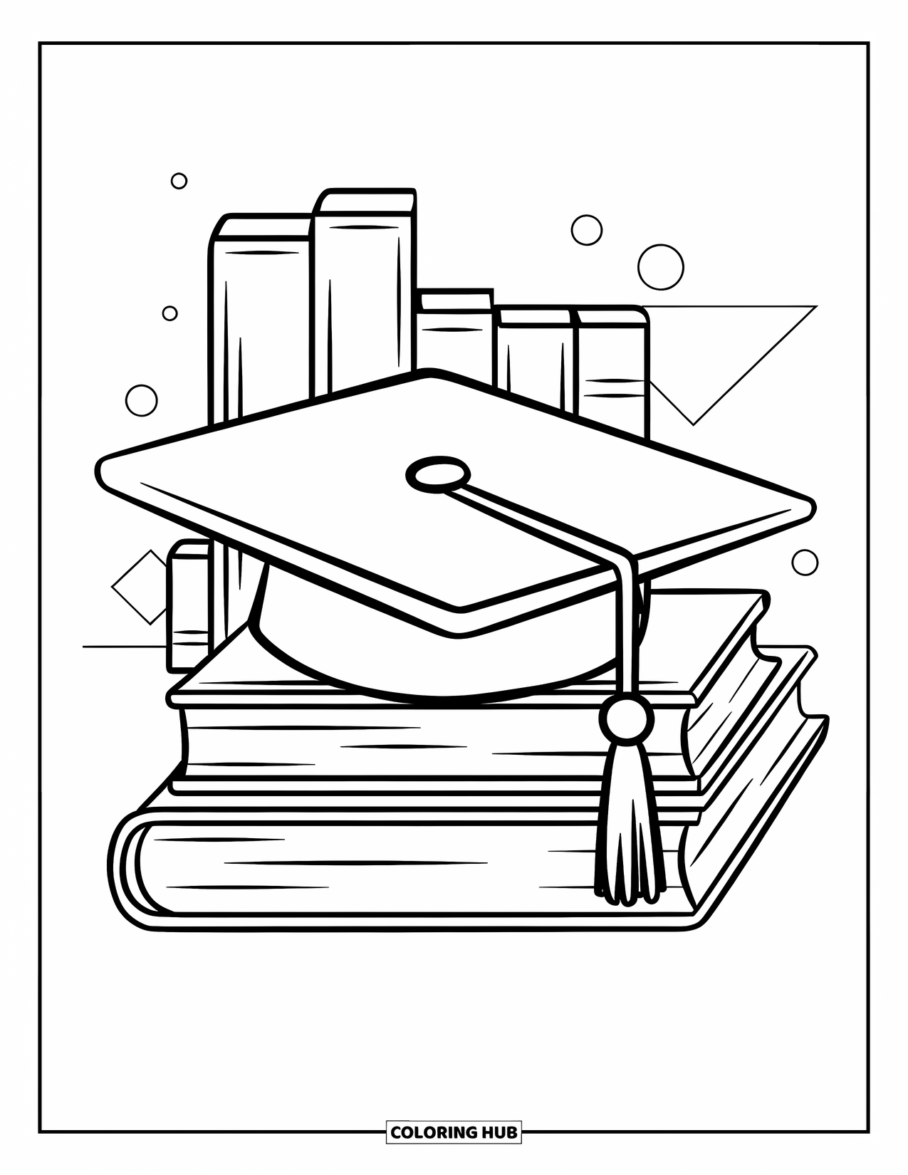 Hat Coloring Page for Kids: Tilted grad cap on stacked books with simple background