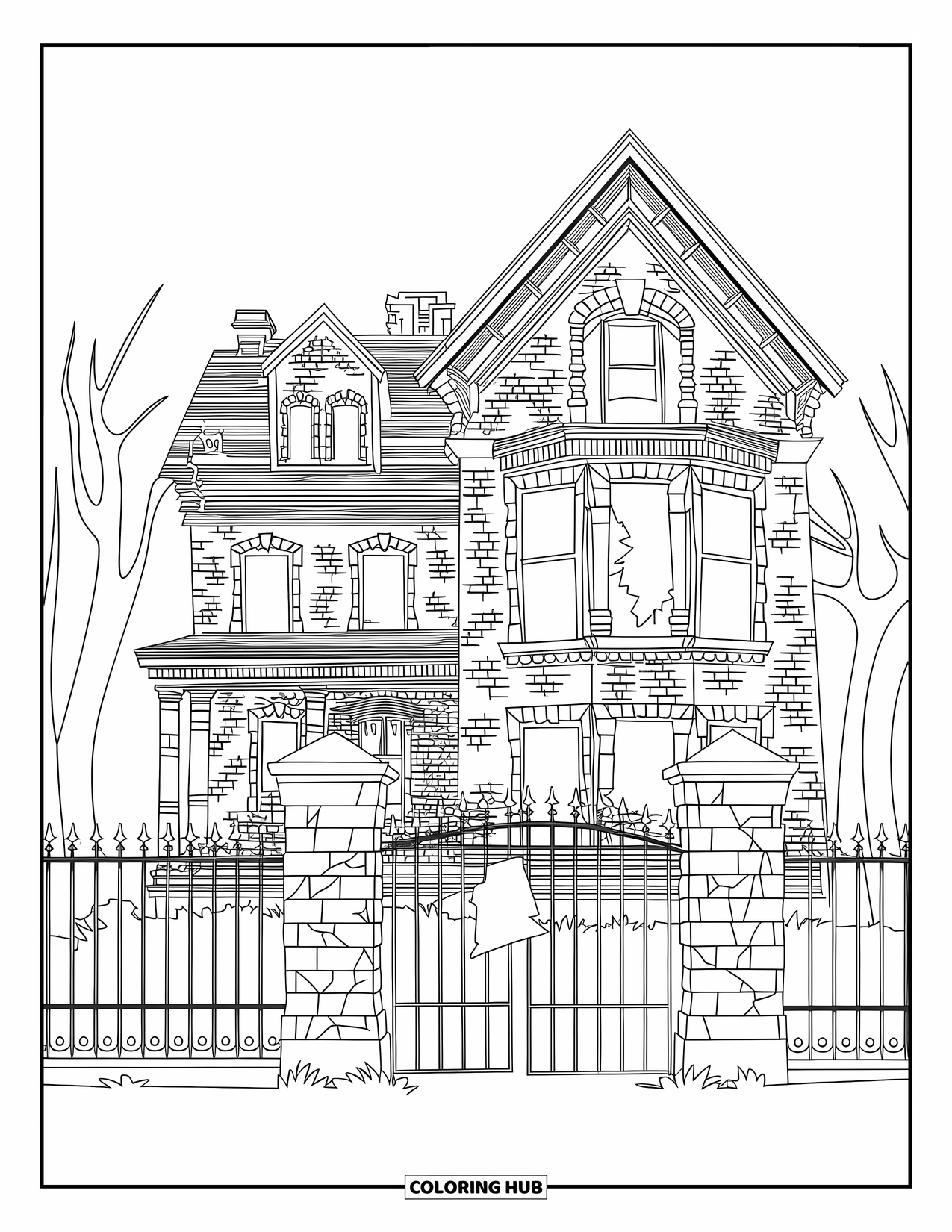 Haunted House Coloring Page for Adults: Abandoned house with brick details, cracked pillars, and a few trees