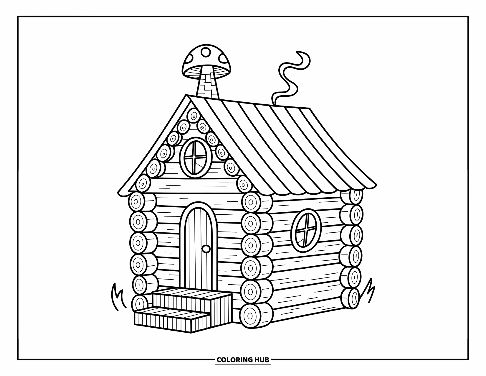 Haunted House Coloring Page for Adults: Cozy haunted cabin with cracked windows, round logs, and whimsical chimney smoke