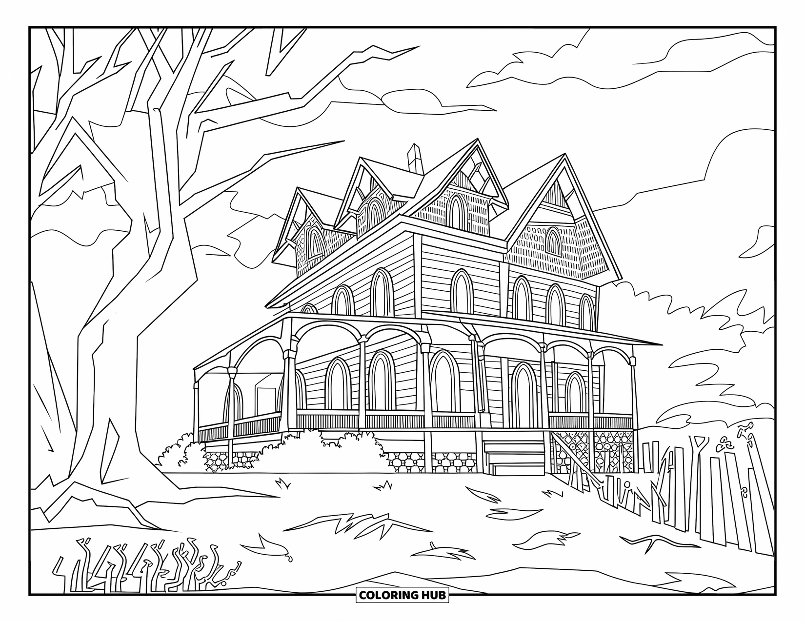 Haunted House Coloring Page for Adults: Crumbling house with arched gables, trees, and leaves under a cloudy sky