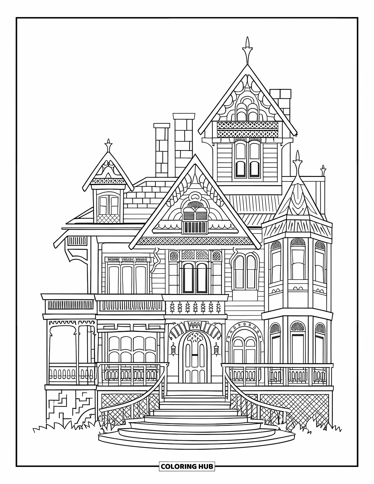 Haunted House Coloring Page for Adults: Detailed Victorian manor with ornate railings and clear background