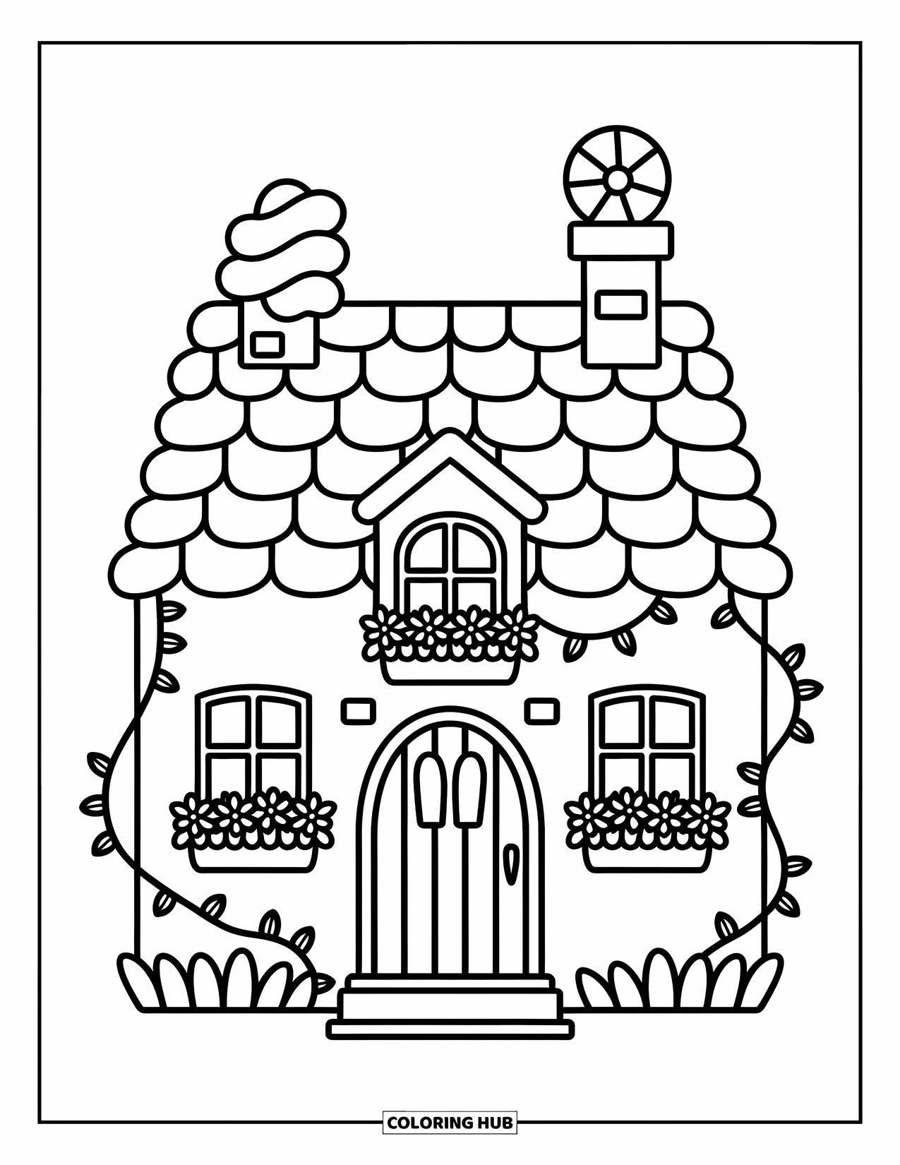Haunted House Coloring Page for Adults: Haunted cottage with vine-filled window boxes and frosting-like roof