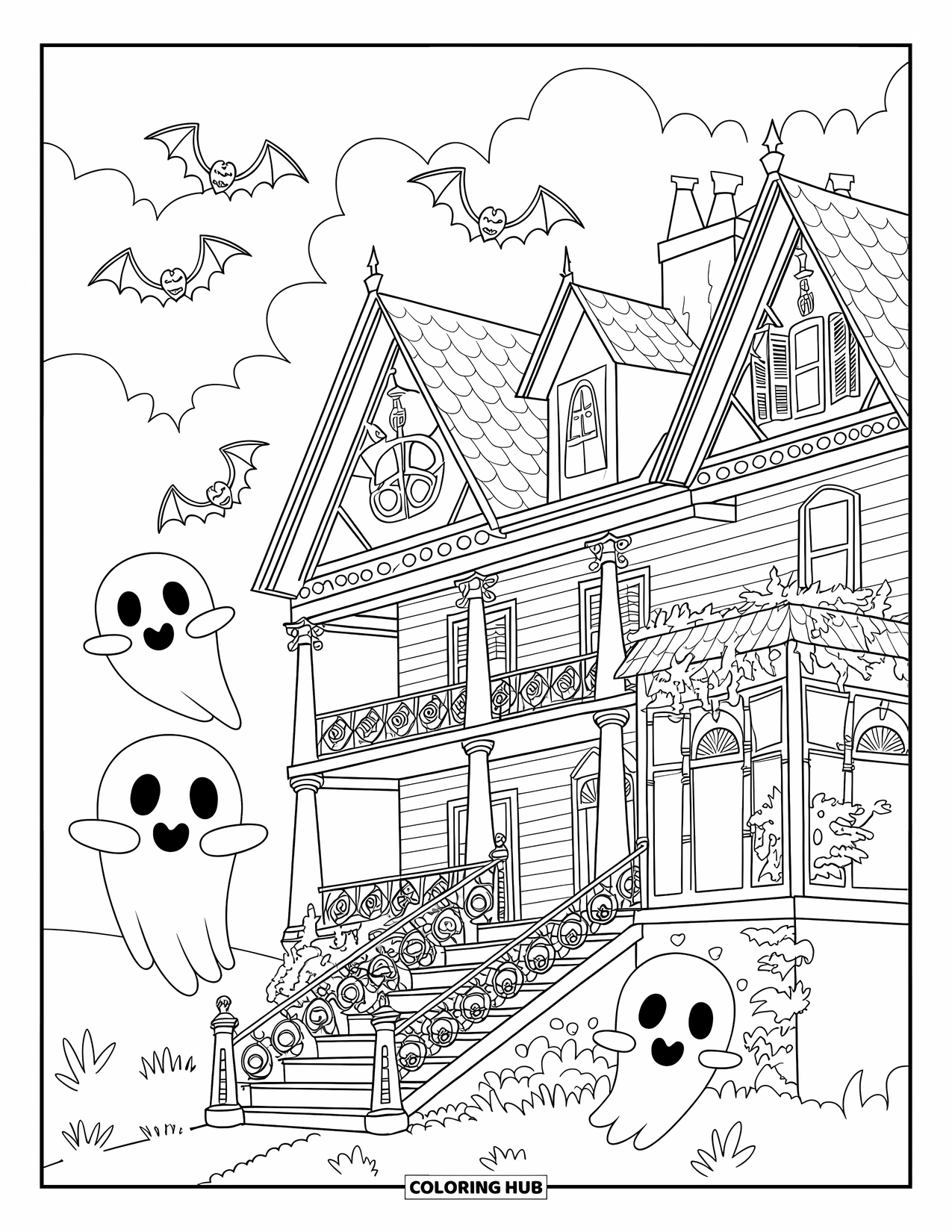 Haunted House Coloring Page for Adults: Haunted house with smiling ghosts, bats, and ivy-covered balconies