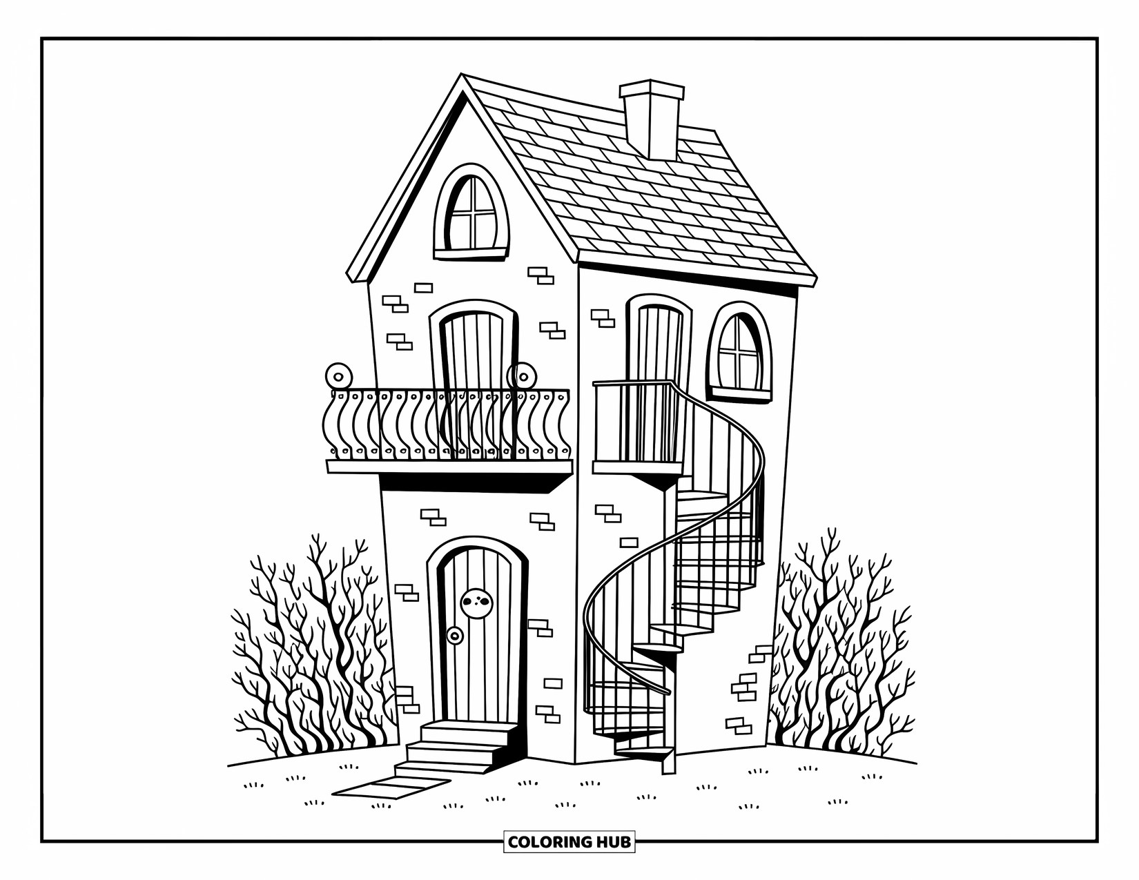 Haunted House Coloring Page for Adults: Haunted house with tall split design, spiral stairs, and a bony balcony