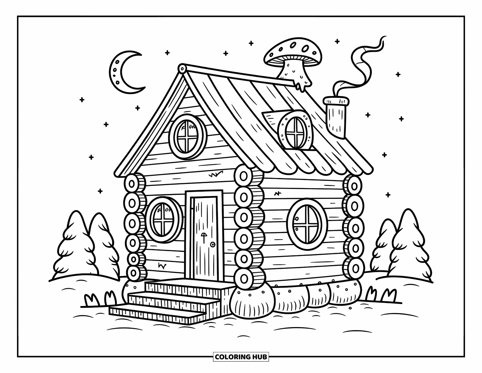Haunted House Coloring Page for Adults: Haunted log cabin with a mushroom chimney and cozy round windows in snowy woods