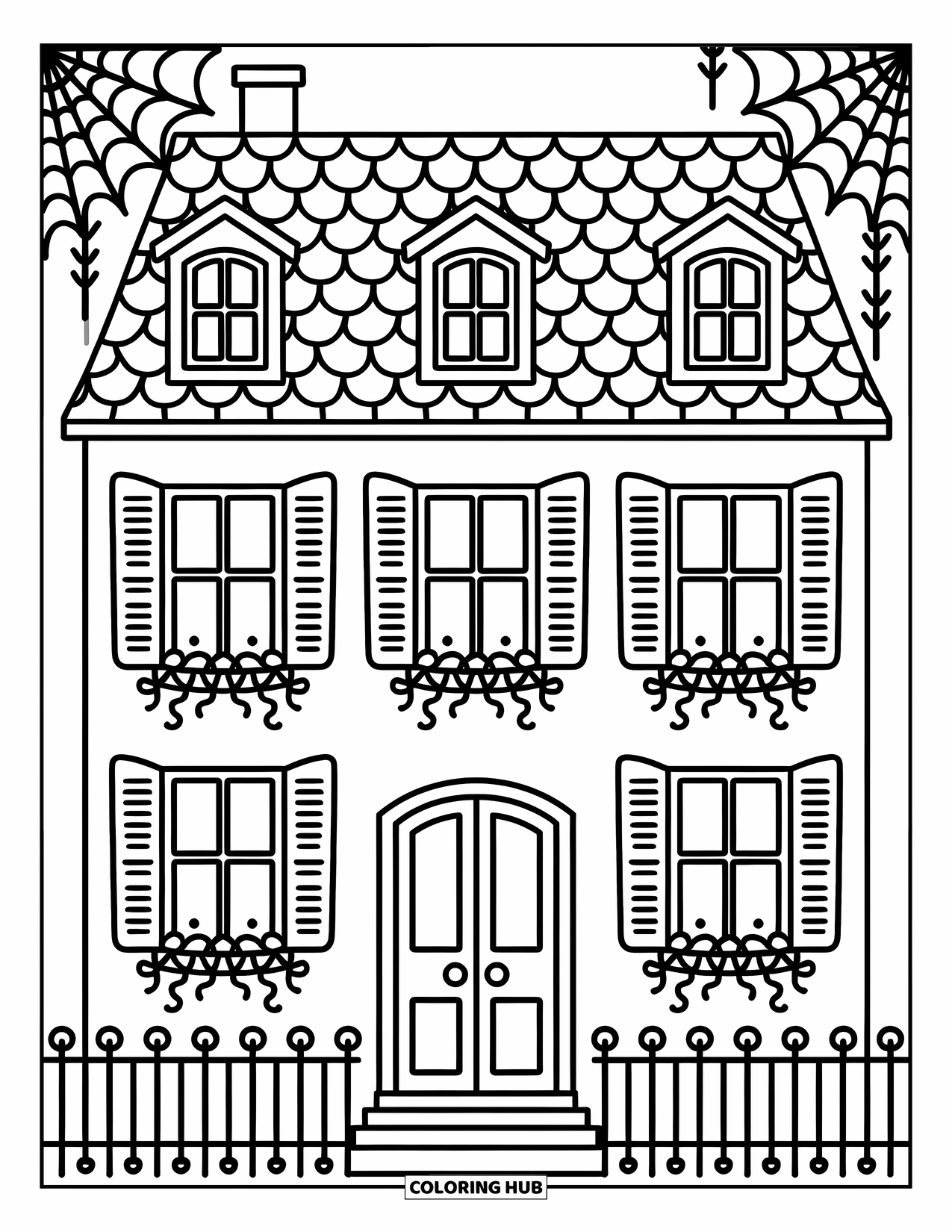 Haunted House Coloring Page for Adults: Haunted manor with striped shutters, cobweb corners, and playful symmetry