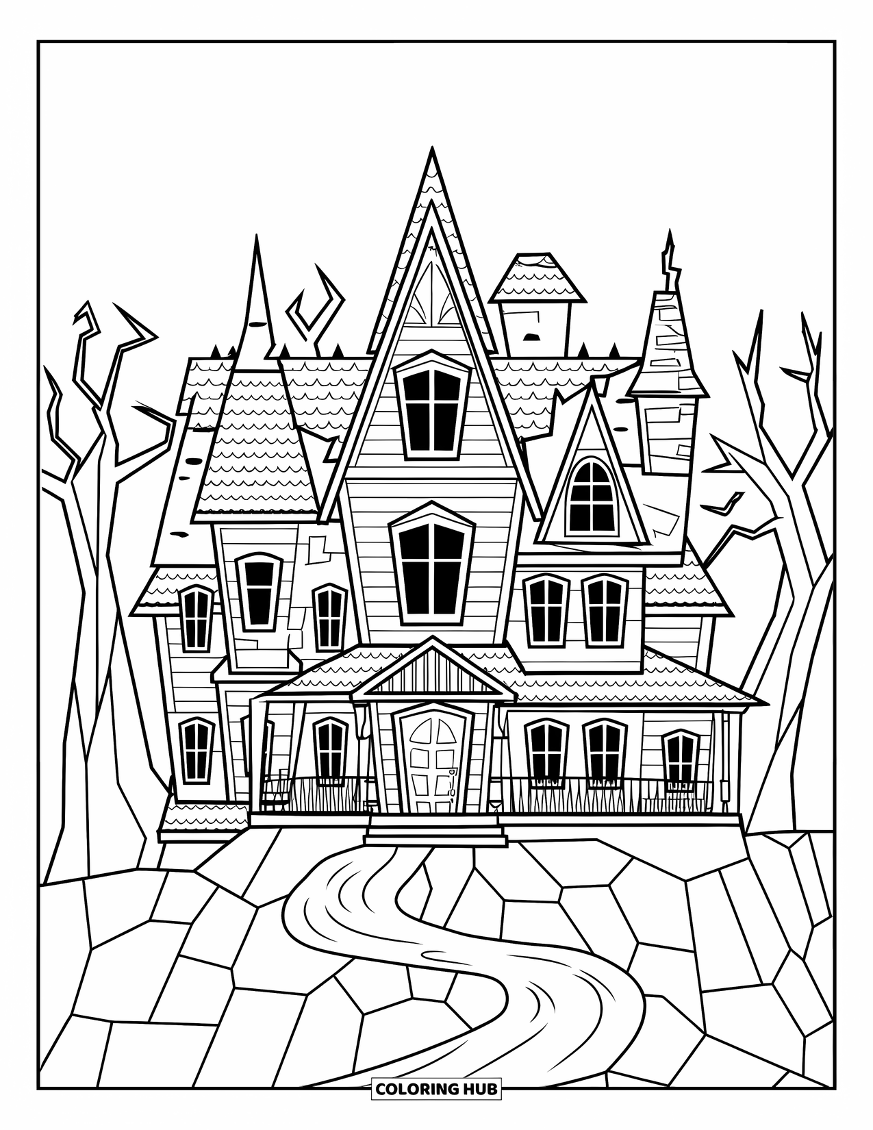Haunted House Coloring Page for Adults: Haunted mansion with turrets, broken windows, and rocky path