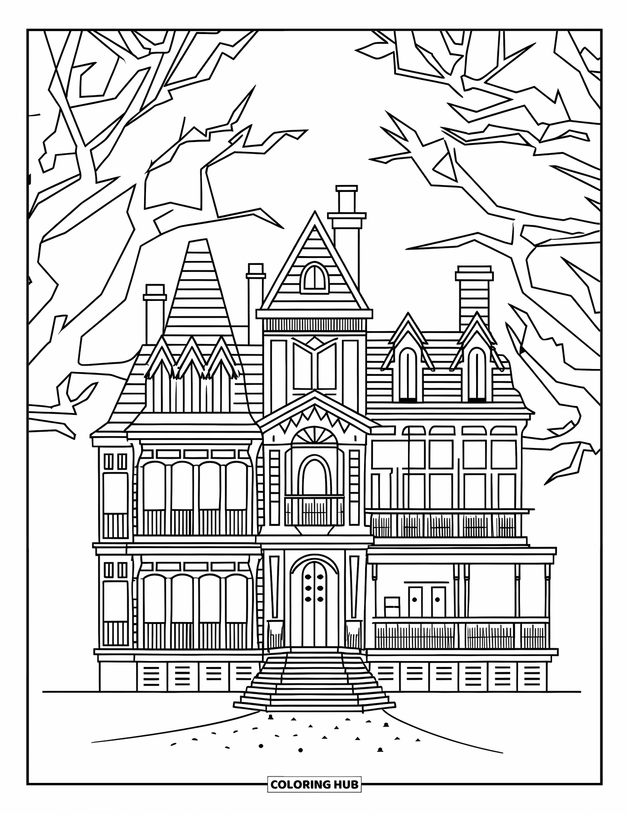 Haunted House Coloring Page for Adults: Haunted Victorian manor with trees and bold stairway design