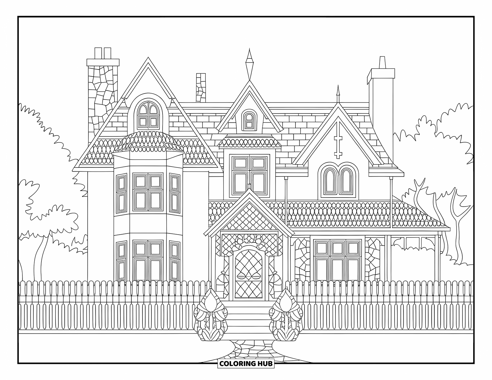 Haunted House Coloring Page for Adults: Intricate haunted mansion with stone chimneys and serene trees surrounding it