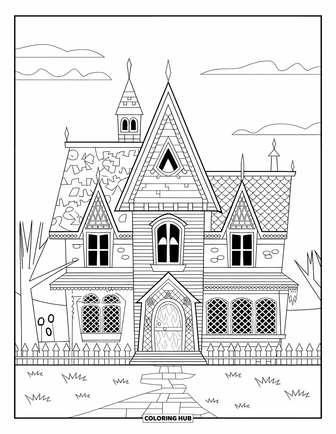 Haunted House Coloring Page for Adults: Large haunted house with carvings, lattice windows, and twisted trees