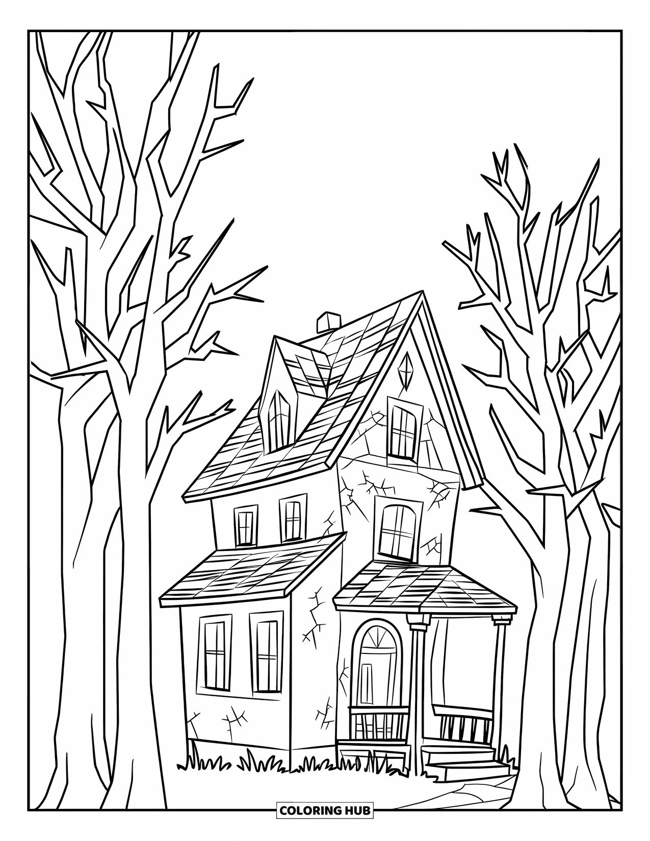 Haunted House Coloring Page for Adults: Narrow haunted house with cracked roof and bare trees on both sides