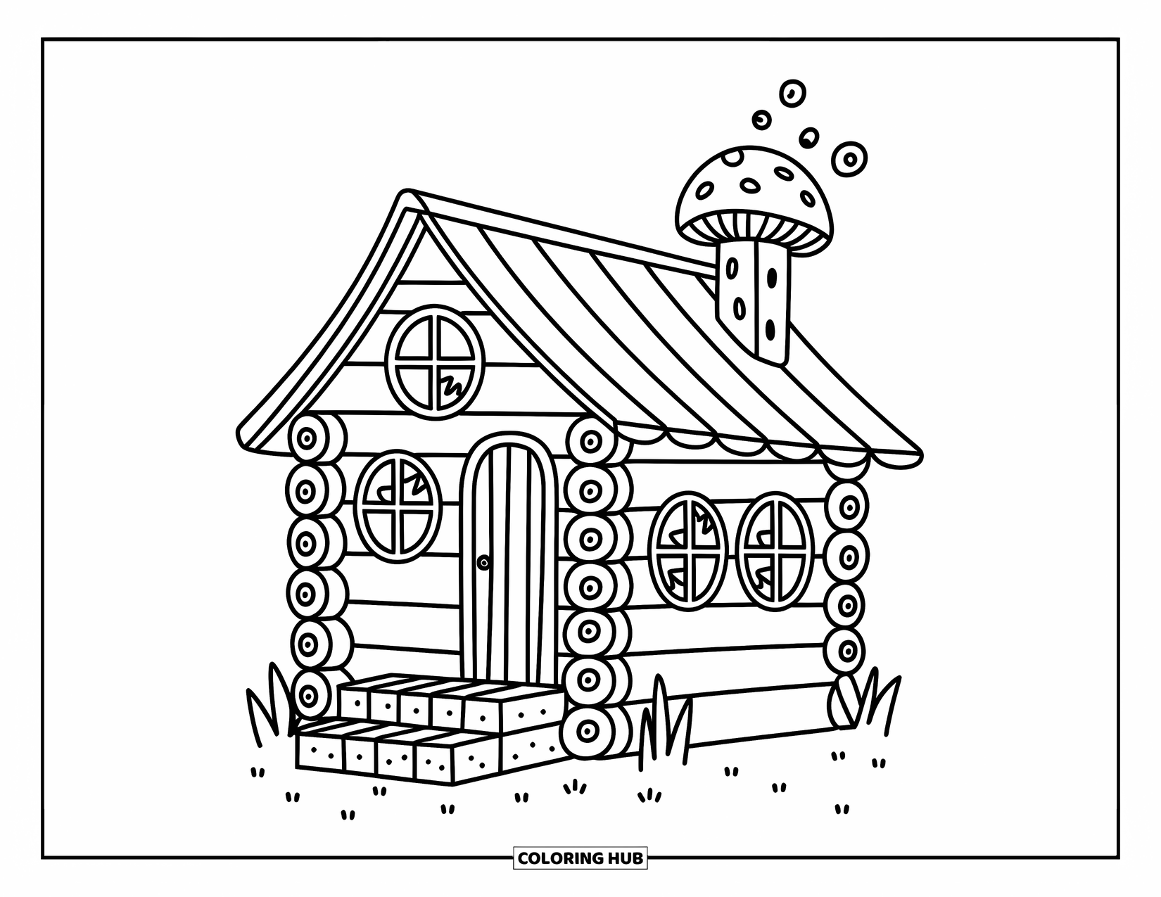 Haunted House Coloring Page for Adults: Playful log cabin with a creaky porch, round windows, and snowy tree-lined view
