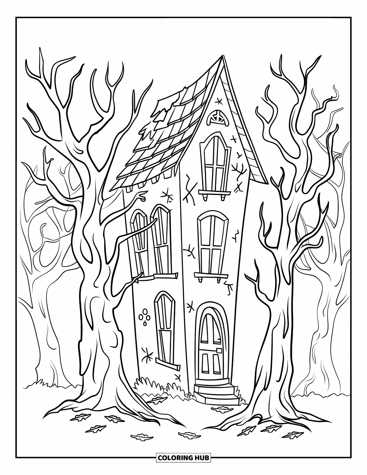 Haunted House Coloring Page for Adults: Slim haunted house with cracked walls, twisty trunks, and scattered leaves