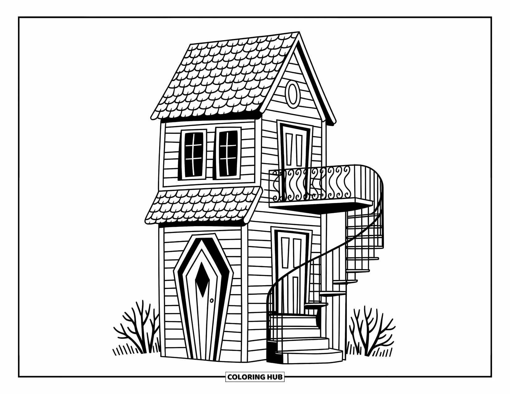 Haunted House Coloring Page for Adults: Split-level haunted house with spiral stairs and twisty garden shrubs