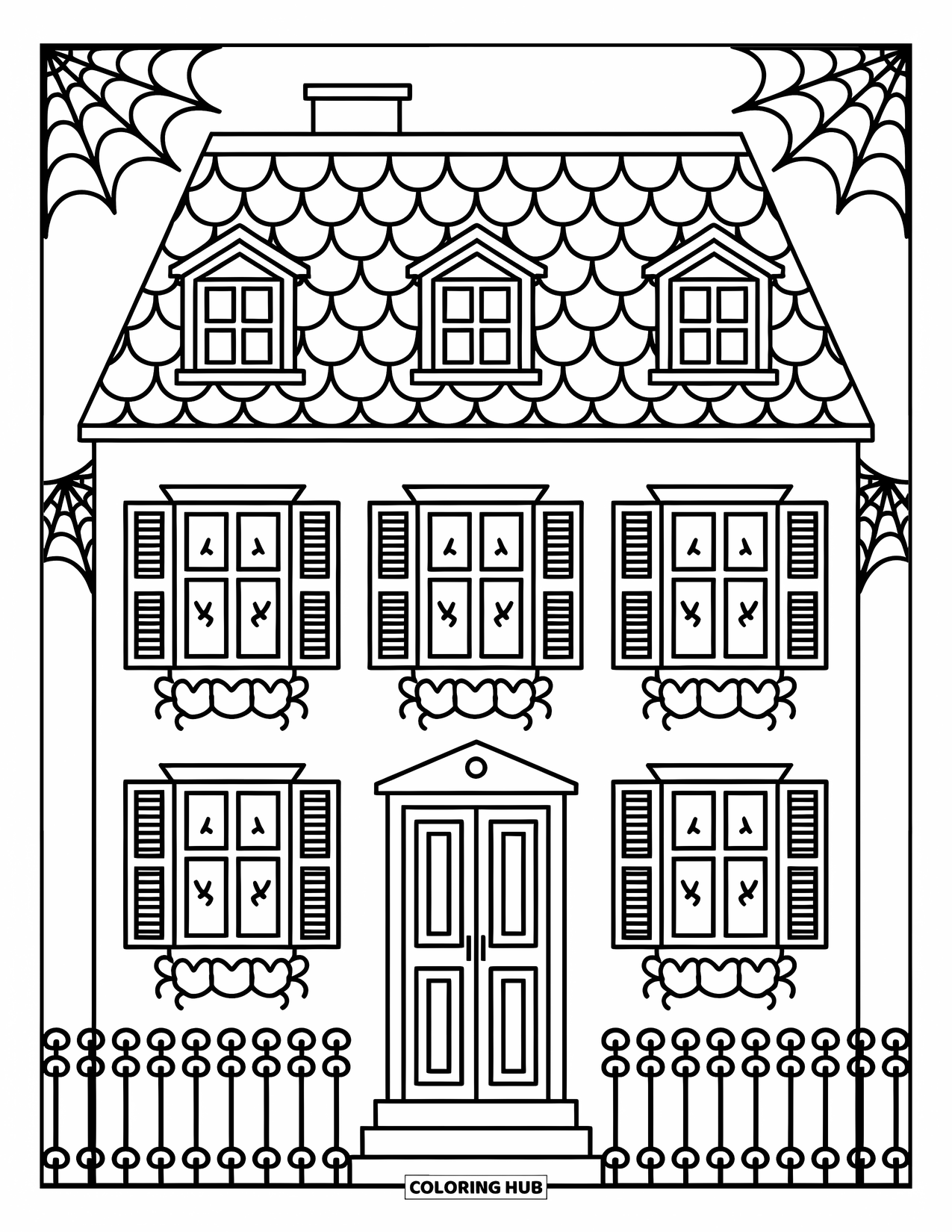 Haunted House Coloring Page for Adults: Symmetrical haunted manor with shuttered windows, cobwebs, and curly iron fence