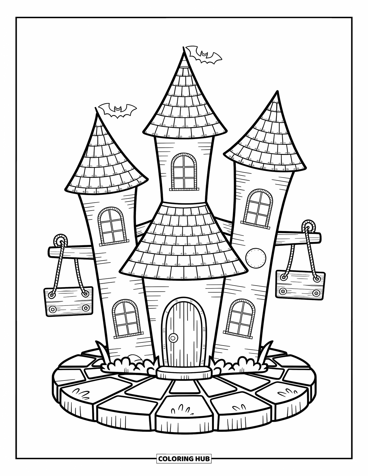 Haunted House Coloring Page for Adults: Tall haunted house with conical roofs, hanging signs, and cracked stone base
