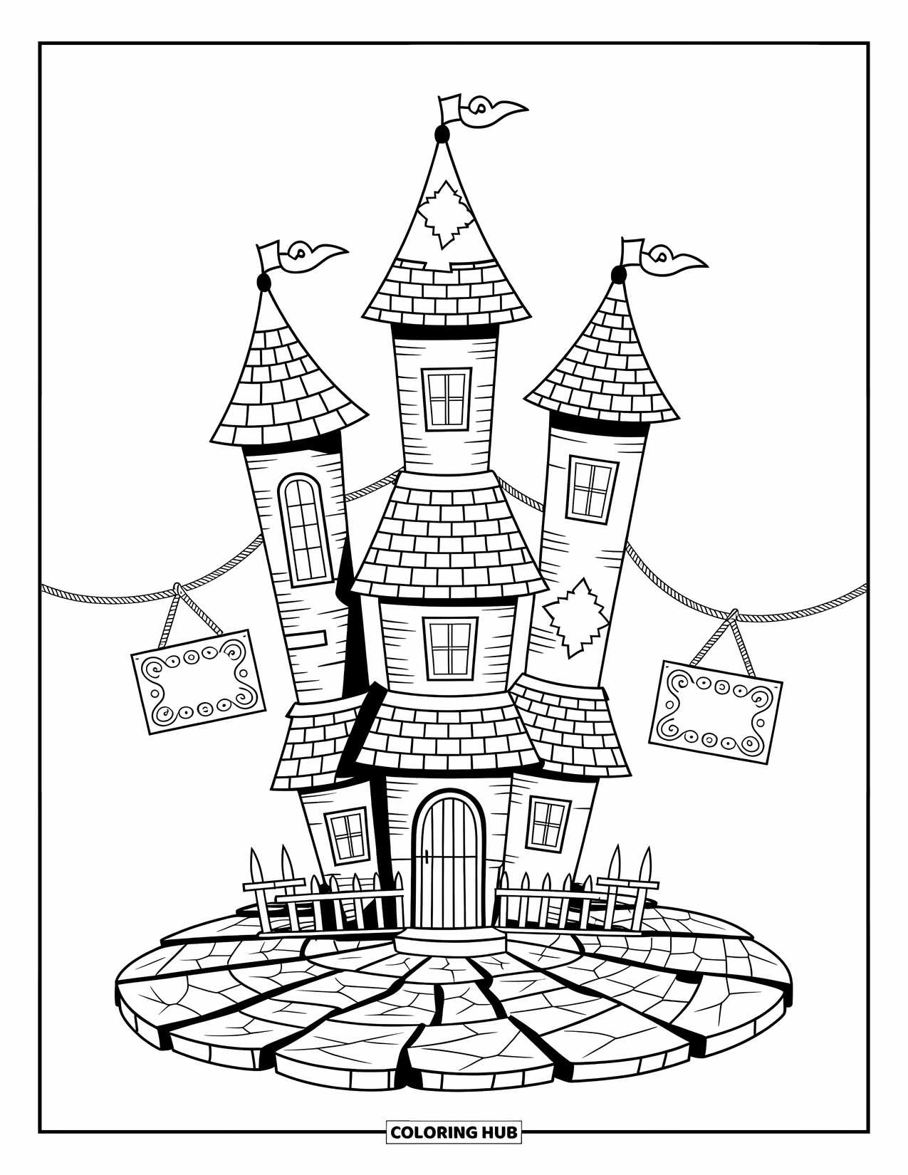 Haunted House Coloring Page for Adults: Tall haunted house with three round towers and conical rooftops
