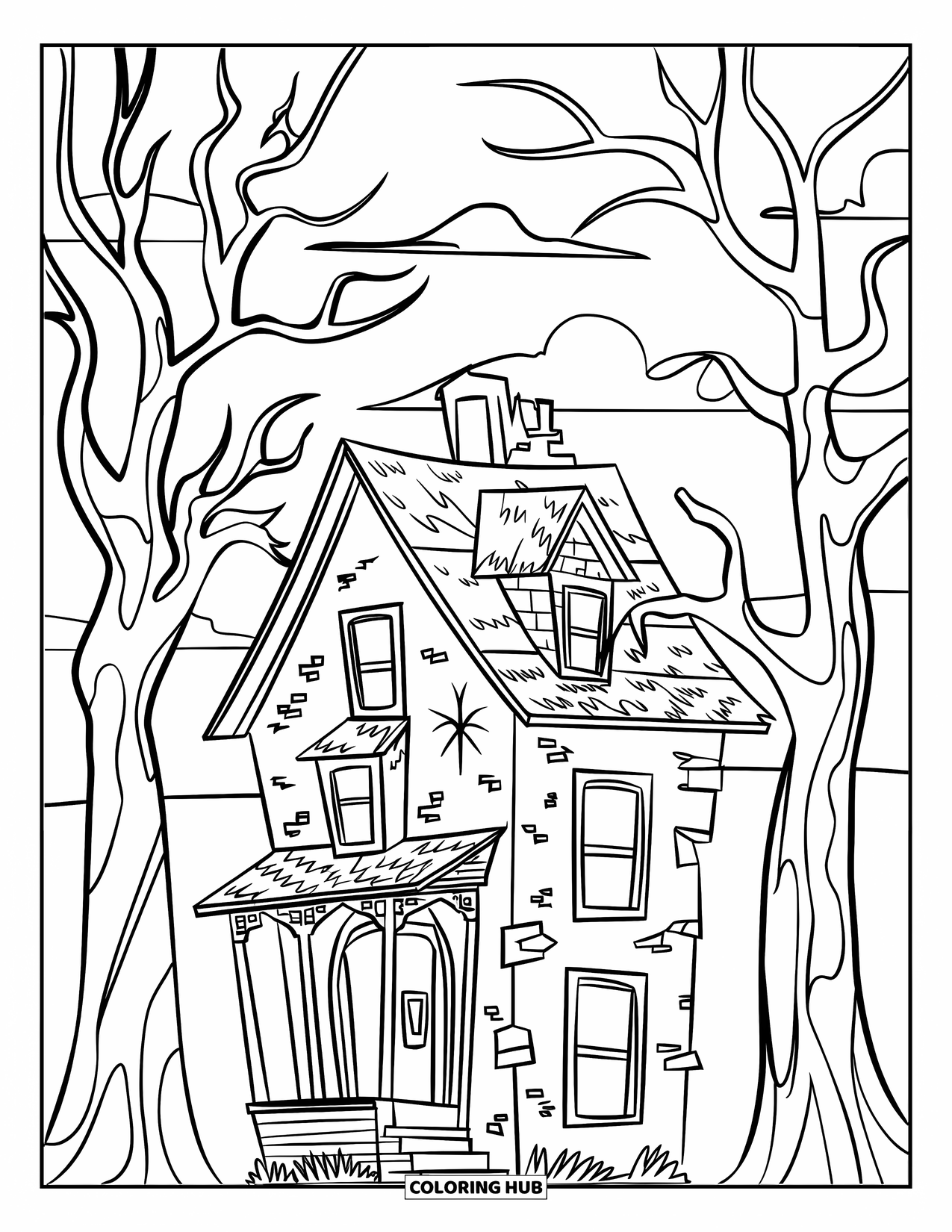 Haunted House Coloring Page for Adults: Tall haunted house with twisted branches and a cloudy sky behind
