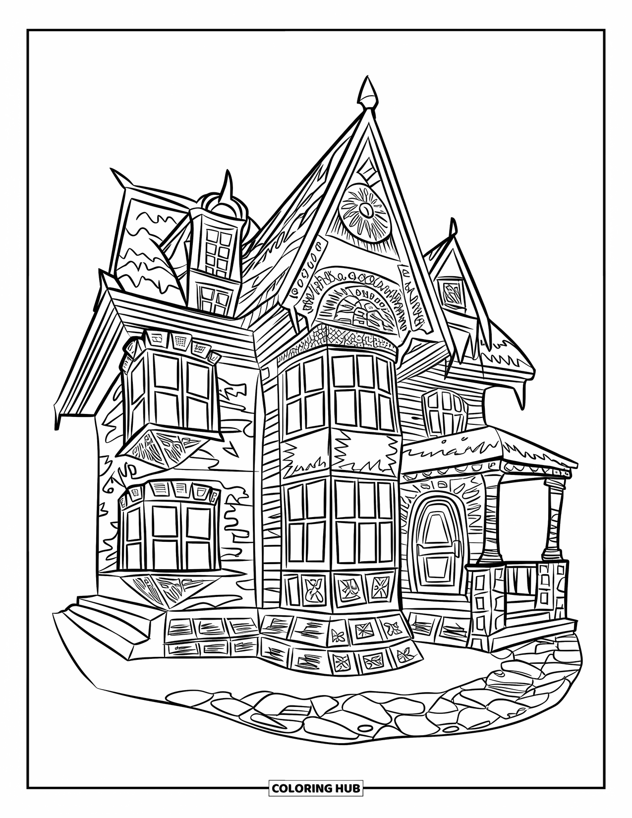 Haunted House Coloring Page for Adults: Three-story haunted house with stone path and carved window details