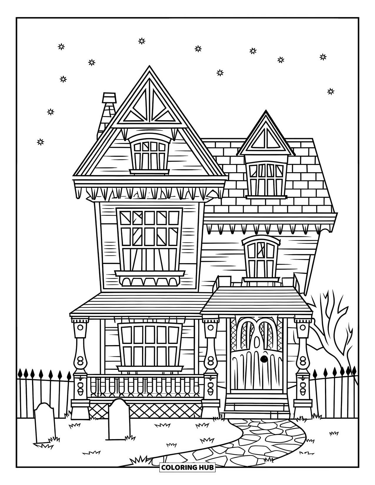 Haunted House Coloring Page for Adults: Three-story spooky house with tombstones, a fence, and a pointy roof