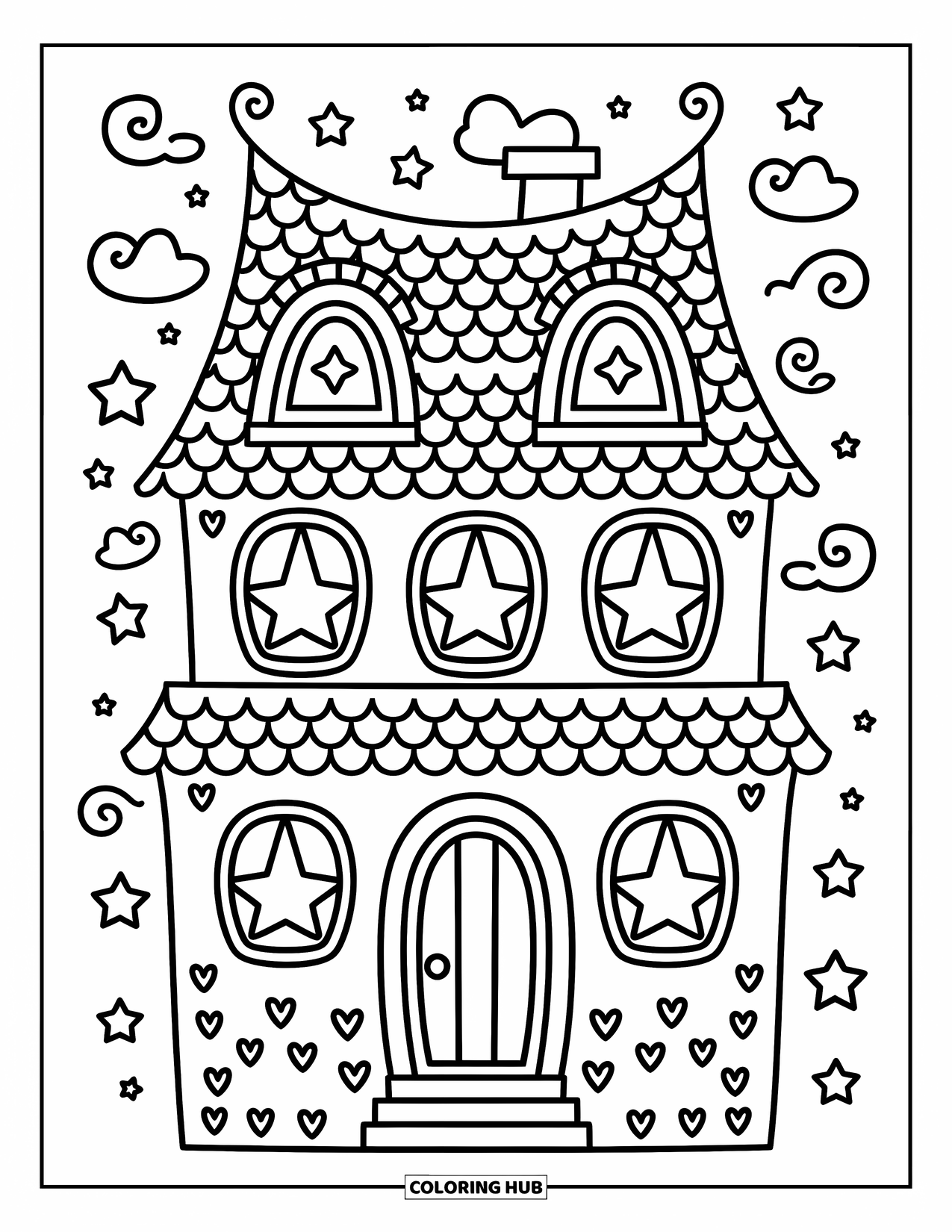 Haunted House Coloring Page for Adults: Wavy haunted house with heart cracks, scalloped shingles, and a starry sky