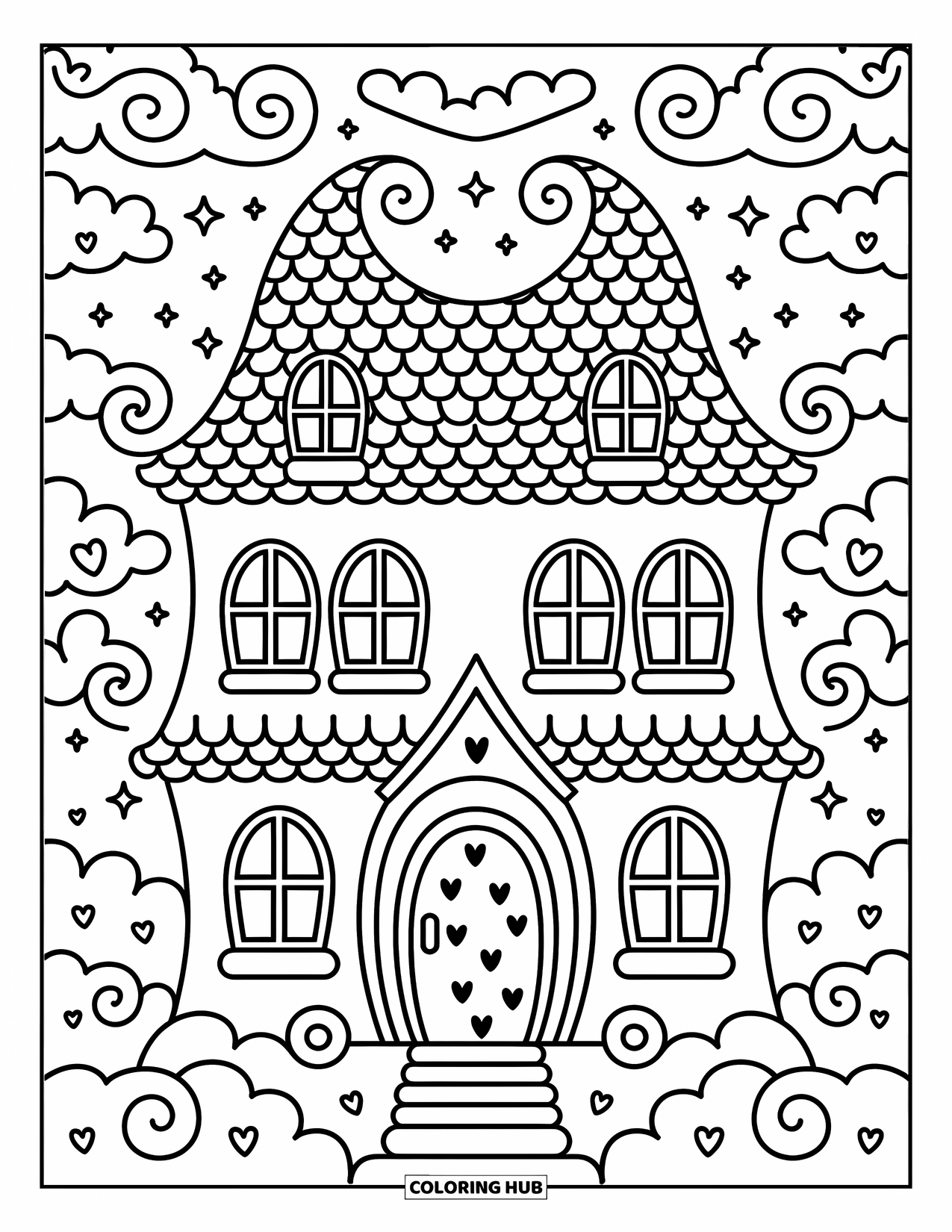 Haunted House Coloring Page for Adults: Whimsical house with tilted walls, scalloped shingles, and soft swirling clouds