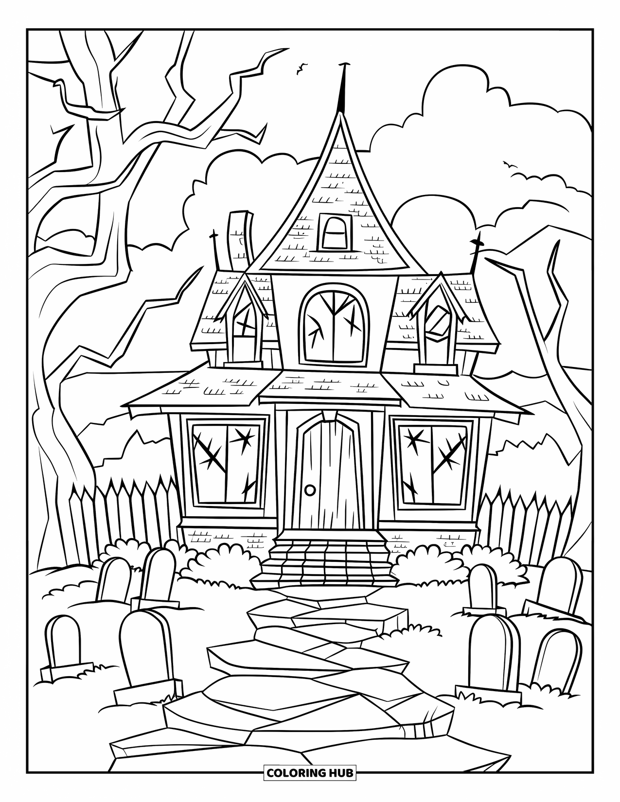 Haunted House Coloring Page for Kids: Creepy house with twisted trees and tombstones under a cloudy sky