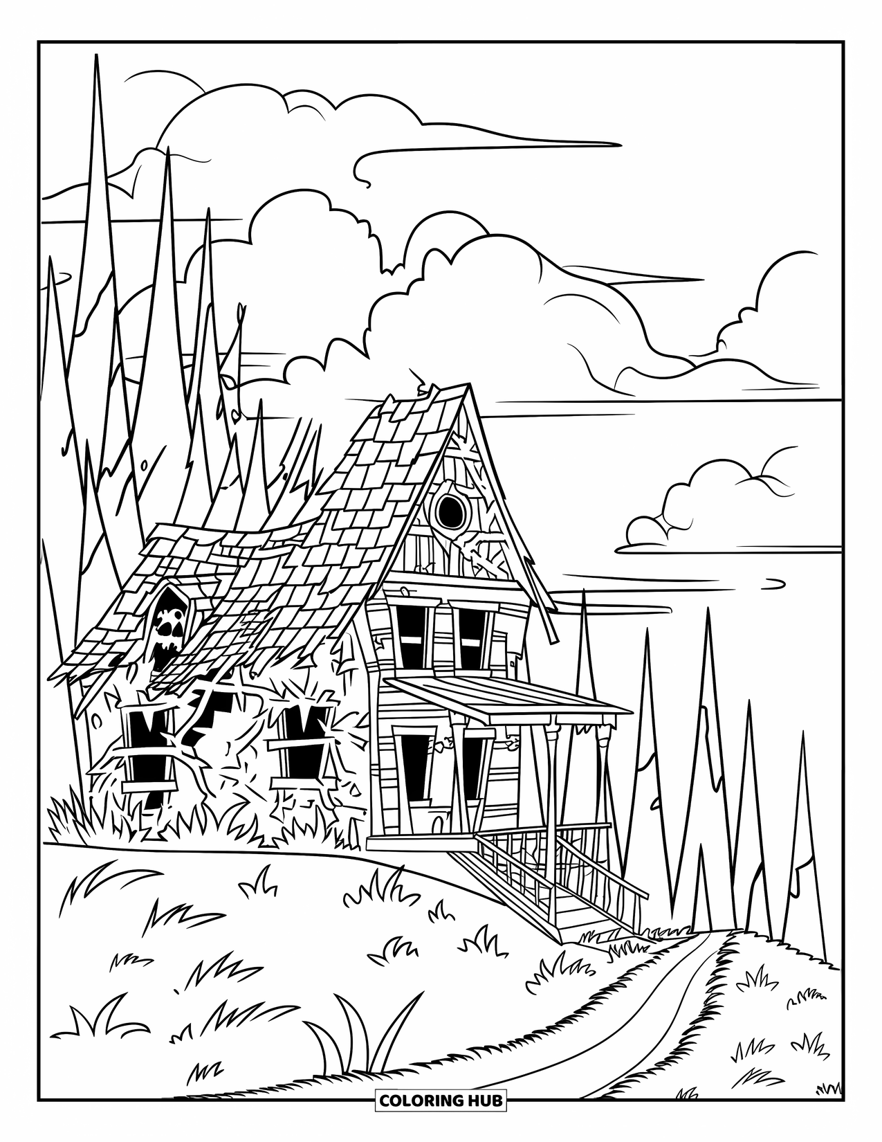 Haunted House Coloring Page for Kids: Crumbling haunted house on a hill with tall trees and a winding path