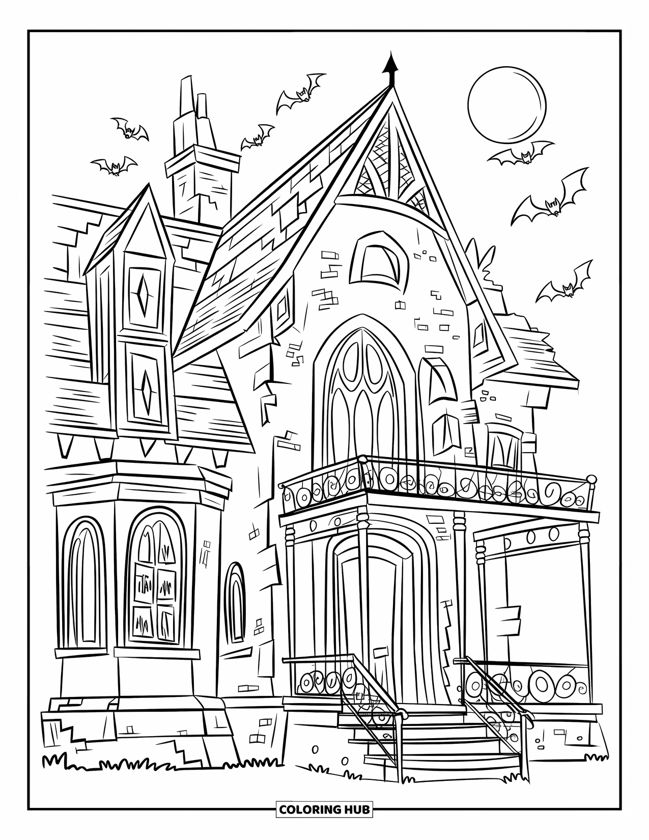 Haunted House Coloring Page for Kids: Gothic haunted house with bats, arched windows, and a full moon